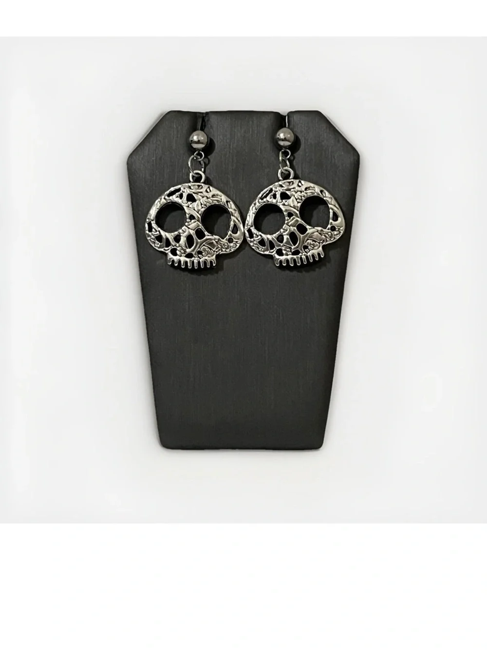 Gothic Sugar Skull Dangle Earrings Silver Tone Ornate Floral Halloween Jewelry